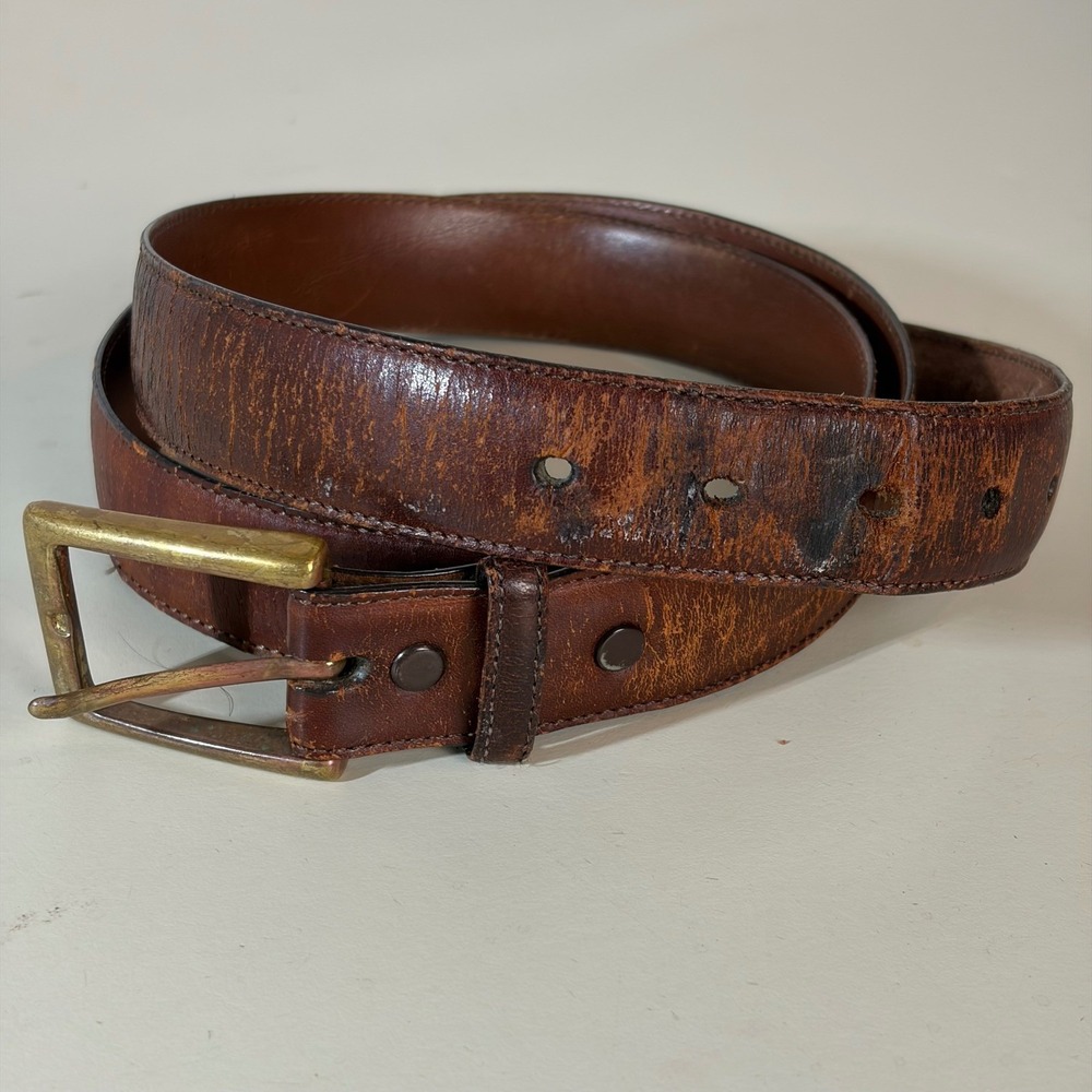 VTG Torino Aniline Kipskin Shoulders Brown Leather Belt Brass Buckle USA Made 36
